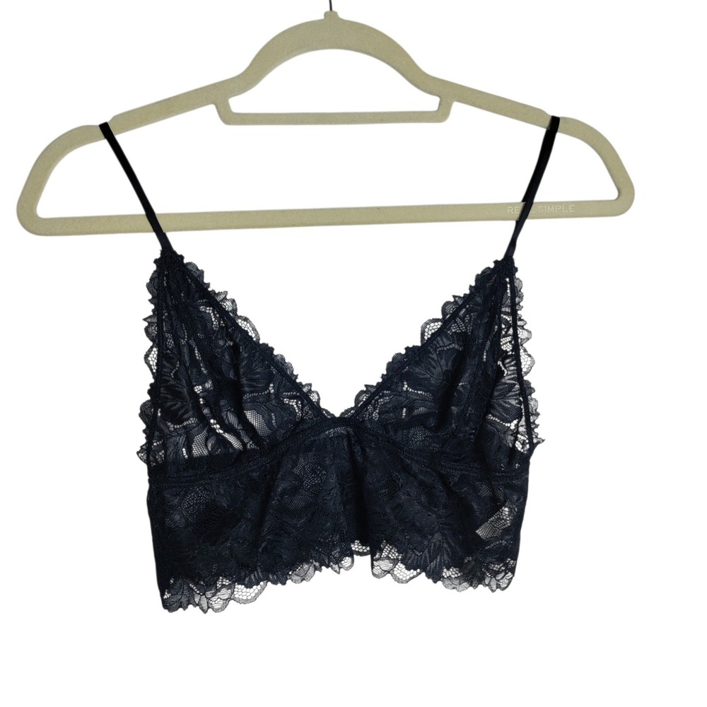 Intimately Free People Black Floral Lace Bralette Longline V-Neck LG
